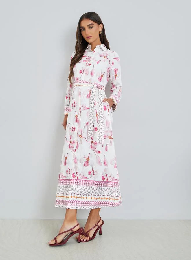 Styli Women Pink Floral Print Collared A-Line Maxi Dress